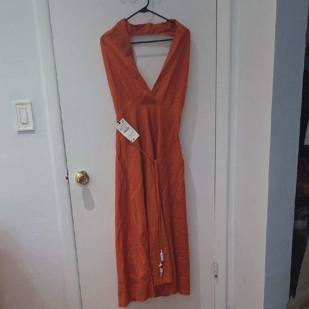 Zara Deep V Orange Maxi Dress